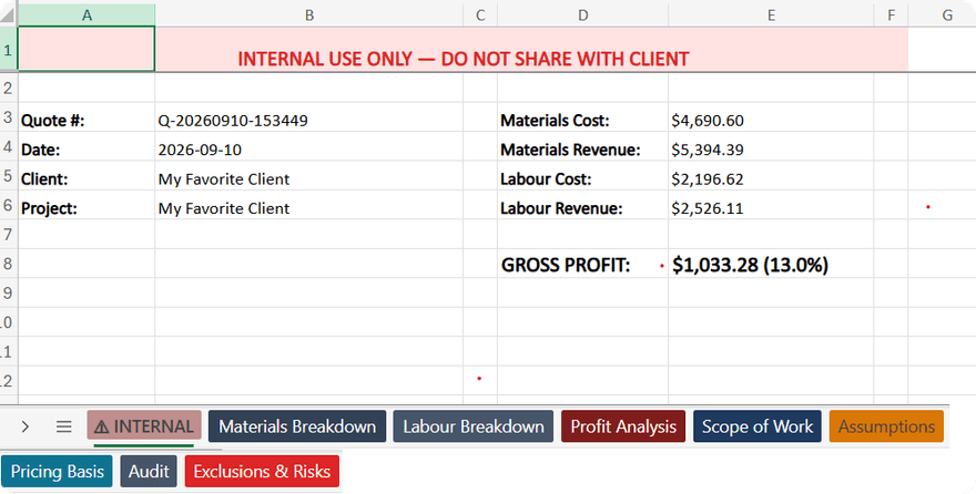 The internal master workbook, open on its INTERNAL sheet: a red banner reading INTERNAL USE ONLY, DO NOT SHARE WITH CLIENT, the quote number and client, materials and labour cost against revenue, a gross profit figure, and the workbook tabs.