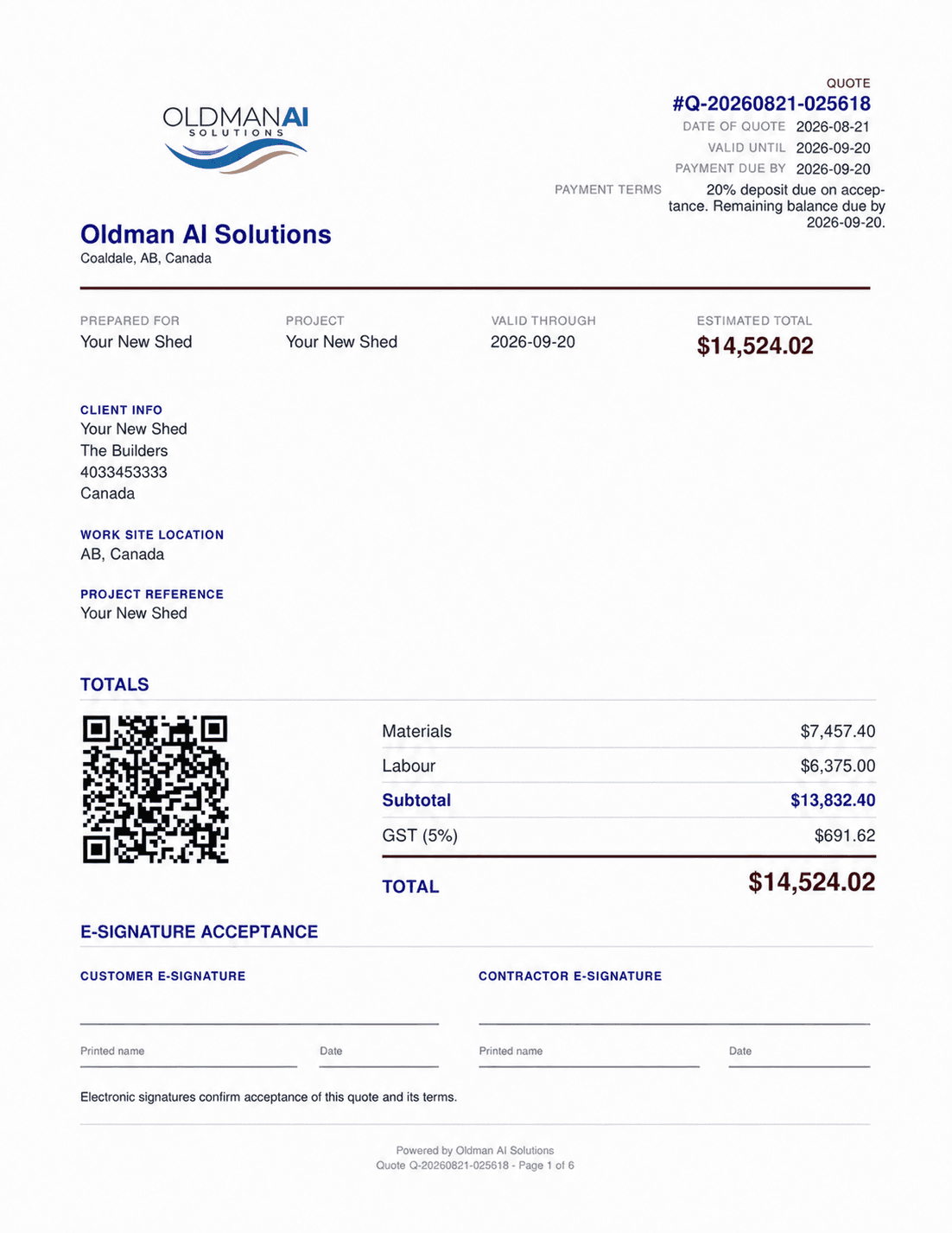 Page one of a generated Oldman Quotes quote PDF: quote number, payment terms, client and work-site details, and a totals block breaking out materials, labour, GST and the project total.